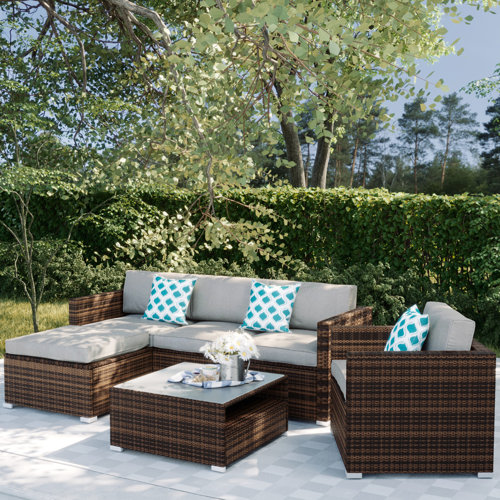 Orren Ellis Airmont Outdoor 6 Piece Rattan Sectional Seating Group with